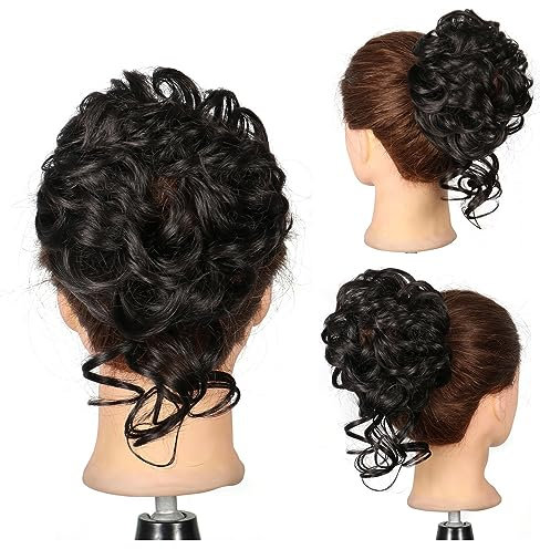 FDEETY Dunkelbraune Locken Haarteil Hochwertige Kunsthaar Voluminöse Haarverlängerung Haarteil für Hochsteckfrisuren und Pferdeschwänze (150 Zeichen)(Natural Black)