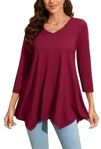 Enmain Camiseta Mujer Manga Larga Top Túnica Talla Grande Camisetas Manga 3/4 Blusa Cuello de Pico Elegante T Shirt para Mujeres,Borgoña 2,XL