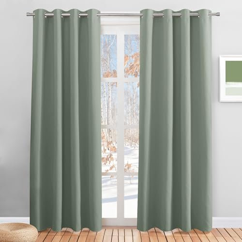 PONY DANCE Verdunkelungsvorhang Ösen Schlafzimmer Gardinen Blickdicht Wärmeisolierende Vorhänge Hitzeschutz Thermovorhang mit Ösen, Salbeigrün, 2er Set H 220 x B 140 cm