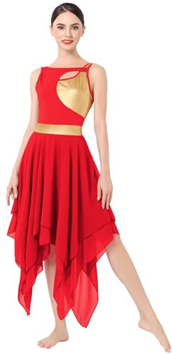 ODASDO Lyrical Dance Kostüme für Damen, zeitgenössische Tanzkleidung, ärmellos, ausgeschnittene Vorderseite, Netz-Tüll, Maxikleid, XS-XL, Rot + Gold, X-Klein