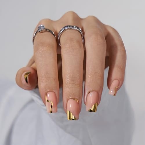 BTArtbox Press On Nails Short - Gold Designed Square False Nails, 32 Pcs Fall Stick On Nails for Women Gifts, Natural Fake Nail in 16 Sizes, Gold Leaf