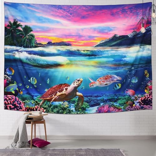 FENDROM Ocean Sea Turtle Tapestry Sunset Tapestries Underwater World Wall Art Tropical Fish Wall Hanging for Bedroom Dorm Room