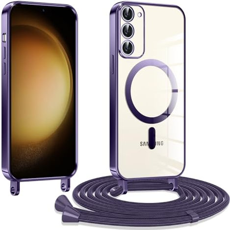 Kokio Coque pour Samsung Galaxy S23 5G avec Cordon, Etui à Transparente Housse Compatible avec MagSafe, Doux TPU Protection Coque pour avec Bandoulière Lanière Réglable Collier, Violet