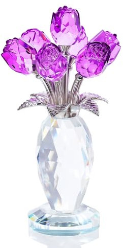 Ornalrist Crystal Rose Purple Flower Figurine Collectible Rose Bouquet Floral Gifts for Women Mum, Glass Purple Flower Ornament Gifts for Birthday Valentine's Christmas Mother's Day