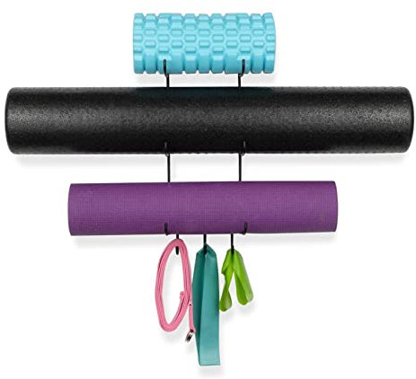 Golf Bag Stand Rack Yoga Mat Rack Foam Roller Iron Shelf,3 Tier Wall Holder with 3 Hooks for Hanging Yoga Straps Resistance Band Towel,Home Gym Bathroom