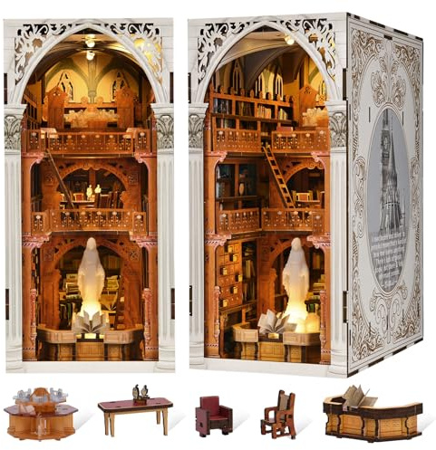 MiniCity Book Nook Kit, DIY Miniature Dollhouse Booknook Kit, 3D Wooden Puzzle Bookend Bookshelf Insert Decor with LED Light for Teens and Adults (Public Library)
