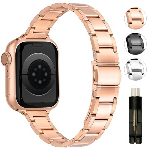 Tanoshimi bracelet en métal compatible avec Apple Watch bracelet 40mm 41mm 38mm 44mm 45mm 42mm Slim bracelet en acier inoxydable compatible avec iWatch Series 10/SE/9/8/7/6/5/4/3/2/1 Femme Or Rose