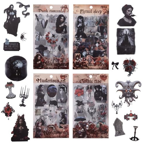 URROMA Goth Aesthetic Stickers, 24 Sheets Gothic Girls Die-Cut Sticker Book Vintage Halloween Scrapbook Sticker Set Transparent PET Adhesive Stickers