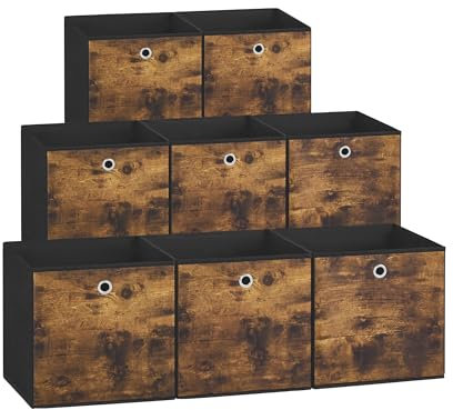 SONGMICS Caja de Almacenaje, Juego de 8, Plegable, Cajas de Tela, Almacenaje, 26 x 26 x 28 cm, Organizador, Cestas, para Armario, para Dormitorio, Salón, Marrón Rústico y Negro RFB826B01