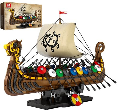 Reobrix Bauset Modell Piratenschiff Wikingerschiff, Mittelalterliches Wikingerschiff Kit mit Segeln und Schilden 66101, Geschenke für Männer Erwachsene und Jungen, Wikinger Dekoration für Büro oder