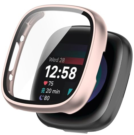 KANOYO Hülle Kompatibel mit Fitbit Sense 2 / Fitbit Versa 4 Schutzhülle,Integriertes PC + Glasmaterial,Ultradünne HD Hartglas Glas,Kratzfest,Vollständiger Schutz Case (Rosa)