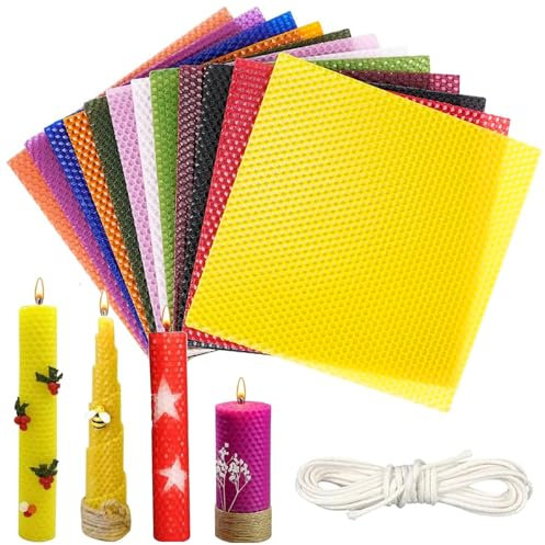 XSHAO® 12 Farben Bienenwachskerzen Selber Machen Set, 20 x 20 cm Bienenwachsplatten für Kerzen mit 6m Baumwolldocht für DIY-Kerzen für Erwachsene und Kinder