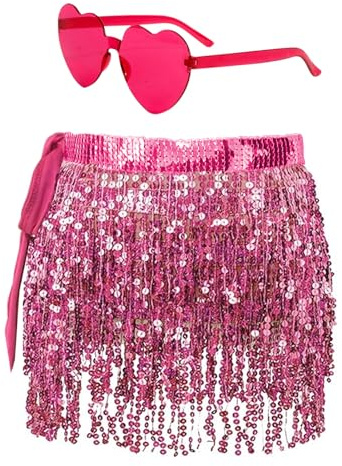 MUNSKT Pailletten Glitzer Rock mit Herz Brille, Quaste Minirock für Frauen Mädchen Bauchtanz Latin Dance Hula Kostüm Rose Silber Gold Sommer Strand Party Karneval Geburtstag, rose, Einheitsgröße
