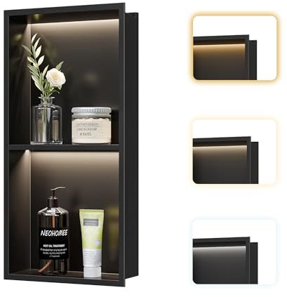 Neohomee Wall Recess Shower Stainless Steel with LED Light, Embedded Shower Niche with Shelf 60 x 30 cm with Colour Temperature Adjuster for Bathroom Storage and Decoration, Black