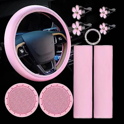 10 Teiliges Autozubehör Set Rosa, 1 x Lenkradbezug für Auto Zubehör 37–38 cm, 2 x Sicherheitsgurt Schulterpolster, 2 x Untersetzer, 1 x Start Button Sticker, 4 x Auto Entlüftungsclips für Frauen