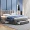 OKYION Bett 140x200 mit LED & Stauraum – Polsterbett mit hydraulischem Bettkasten & Lattenrost – Doppelbett in Beige aus Samt, ohne Matratze