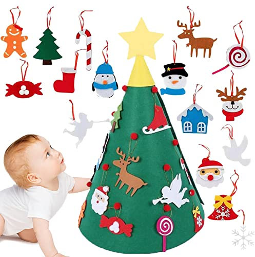 Albero di Natale in feltro per bambini e bambini, set di alberi da parete fai da te, 7 m, con 16 ornamenti staccabili e luci LED da 3 m, decorazione natalizia per bambini, ragazzi e ragazze (B: senza