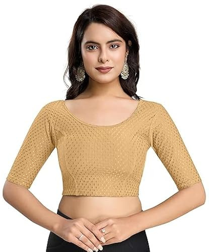 Accessorize Kingdom Women's Dobby Pure Cotton Elastin Stretchable Readymade Round Neck Elbow Length Sleeves Blouse Choli Stylish Saree Blouse (Beige, 38-42)