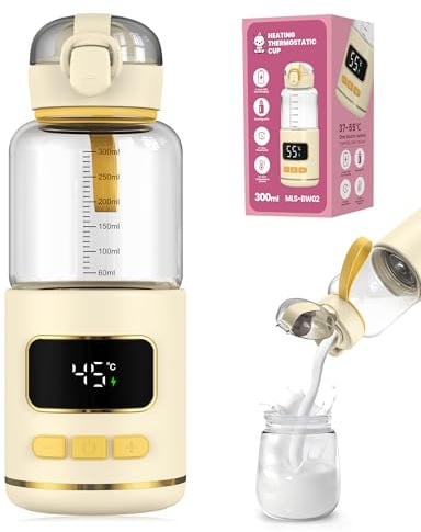 eSynic Portable Baby Bottle Warmer Fast 3-Min Heating Detachable Glass Body | 300ml Rechargeable Bottle Warmer for Breastmilk & Formula, with Marking Milk Warmer with 37-55° Precise Temperature Control