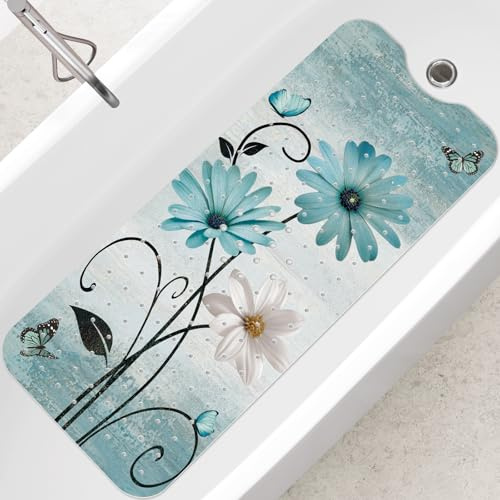 SHUCHING Tappetino Vasca Antiscivolo, Tappetino Doccia Antiscivolo Lungo 100x40cm, Tappeto Vasca da Bagno Antimuffa e Lavabile in Lavatrice, Fiori Verdi Fiori ve