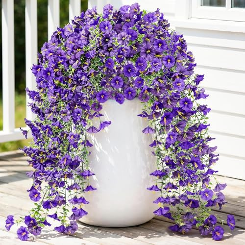 Lewondr Künstliche Hängeblumen Pflanzen für Outdoor-Sommer-Deko, 2 PCS Kunstseiden Lila Prunkwinden, 29,5'' UV-Beständig Realistisch für Außenbereich Blumenkübel Veranda Terrasse Balkon Garten