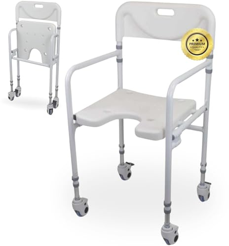 OrtoPrime Silla Ducha Personas Mayores Forma U con Ruedas Silla Baño Adultos Plegable - Silla Ducha Mayores Ortopédica - Silla de Baño Taburete Ducha para Mayores con Respaldo Altura Regulable