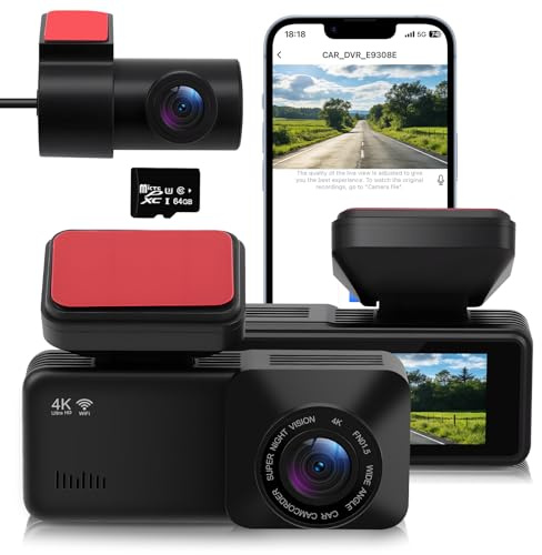 Dashcam Voiture 4K Avant Arrière 1080P, Caméra Embarquée Double Objectif | 170° Grand Angle, Vision Nocturne, Mode Parking G-Sensor, Carte SD 64Go, Installation Facile