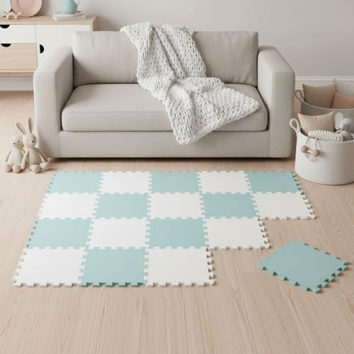 LittleTom Spielmatte Baby Puzzlematte Mint & Weiß - 18 Matten je 30x30 cm Krabbelmatte 180x90 cm Bodenmatte Kinder - Puzzle Teppich Kinderzimmer - Bodenschutzmatte Spielteppich - Eva Schaumstoffmatte