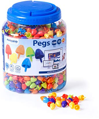Miniland Mosaikstecker Pegs 15 mm, 1300 Stück, leuchtende Farben-31848, Merhfarbig