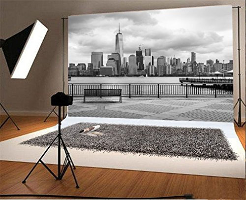 YongFoto 1,5x1m Foto Hintergrund New York Stadt Wolkenkratzer Fluss Brücke Bank verwitterte Brick Road Natur Fotografie Hintergrund Fotoshooting Portraitfotos Party Kinder Fotostudio Requisiten