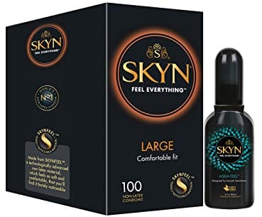 SKYN Large Kondome (100 Stück) & Aqua Feel Gleitgel (80ml) | Große Skynfeel Latexfreie Kondome für Männer, XXL Grösse Gemütlich Gefühlsecht Hauchzart, Wasserbasis Massageöl Sexöl, Stimulierend