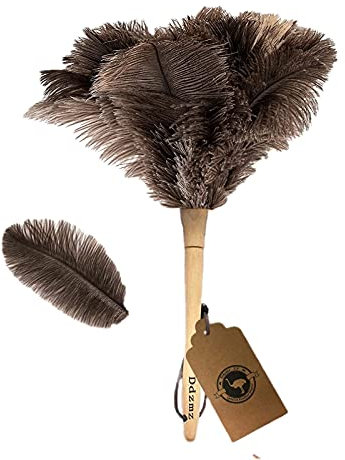 Genuine Ostrich Feather Duster Fluffy Natural with Wooden Handle and Eco-Friendly Reusable Handheld Cleaning Supplies, Gray and Brown(Length 16)