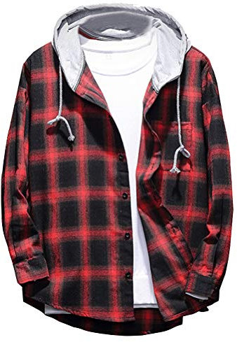 Mallimoda Chemise Homme à Carreaux Manches Longues Chemisier Regular Fit Léger Classique Chemises Veste à Capuche (M, Rouge)
