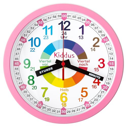 Kiddus Kinder Wanduhr, Jungen und Mädchen, Analoger Lernuhr mit Zeitlernübungen, Kinderwanduhr Ohne Ticken, Kinderzimmer Lautlose, Schule, Uhrzeiger Deutsch