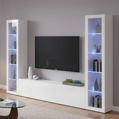 Dmora - Ausgestattete Wand Gino, 3-türiges TV-Ständer-Wohnzimmerset, Mehrzweck-Wohnzimmermöbel mit Vitrine und LED-Licht, 100% Made in Italy, 260 x 30 x 180 cm, glänzendes Weiß,