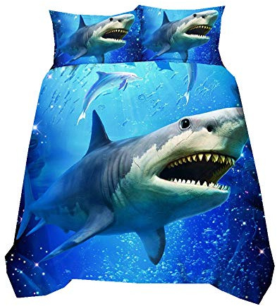Sticker superb Luxury 2 Pieces Single Blue Boy Man Duvet Cover Sets Microfiber Polyester Non-iron, Ocean Sea Animal Shark Bedding Cover with Zip (Blue 1, Single 135x200cm)