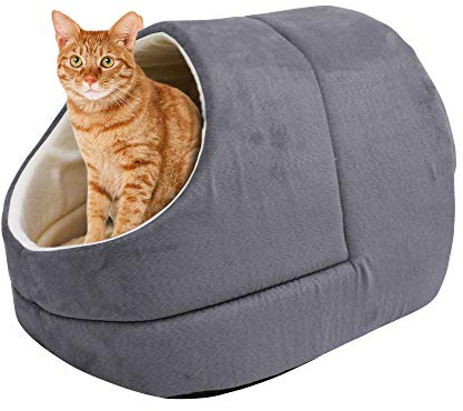 GOOPAWS 4 in 1 Self Warming Burrow Cat Bed, Pet Hideway Sleeping Cuddle Cave (Grey-2)