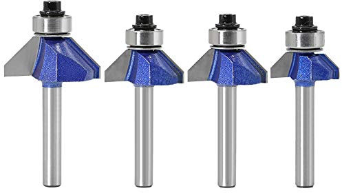 Yakamoz Industrial Grade 4Pcs 1/4 Inch Shank 45 Degree Chamfer Router Bit Set with Top Bearging Bevel Edge Forming Router Bits Cutter Woodworking Tool