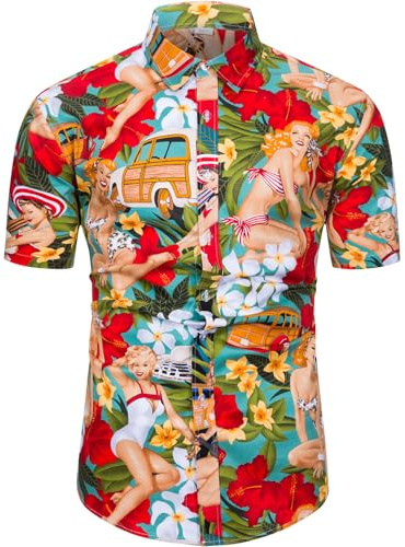 fohemr Mens Funky Hawaiian Shirt Short Sleeve Flower/Pineapple/Bird Print Button Down Beach Shirts