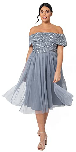 Maya Deluxe Women's Ladies Bardot Dresses Midi High Empire Waist Sequins Embellished Formal Evening for Wedding Guest Bridesmaid, Dusty Blue, 16