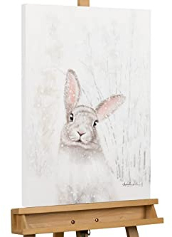 KunstLoft Leinwandbild | 100% HANDGEMALT | 50x70cm | Gemälde 'Sanfter Schneehase' | Wildtiere | Beige | Wandbild Wohnzimmer