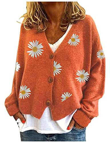 HULKAY Women's Floral Print Long Sleeve V-Neck Sweaters Button Down Ribbed Cuffs Knit Cropped Cardigan Sweater (UK, Alpha, XL, Regular, Regular, Orange)