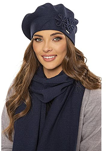 VIVISENCE Damen Baskenmütze Eleganter Wintermütze Und Schal Set Warm Kopfbedeckung Und Halsbedeckung An Winter Und Herbst Warm Dick, Winterset Für Frauen, Hergestellt In EU, Dunkelblau