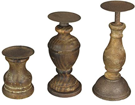 Lot de 3 bougeoirs sur pied en bois tourné vieilli et métal