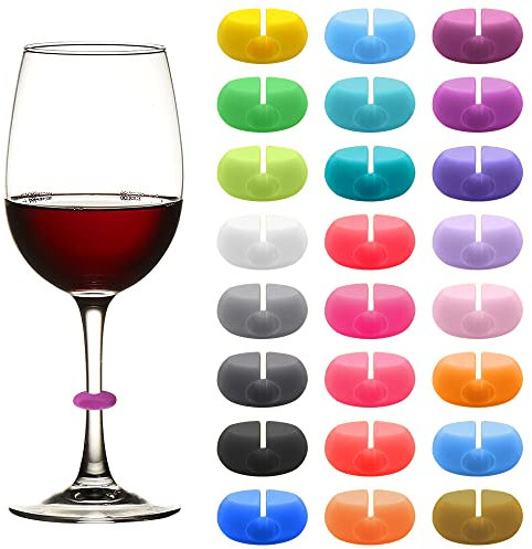 24 Pieces Wine Glass Identifier, Silicone Colorful Wine Glass Markers, Drink Markers Silicone, Wine Glass Markers Tags Identification for Tasting Party Favors Decoration Supplies Gifts (Rings)