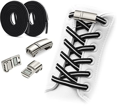 HNOOM Cordones Elásticos Sin Nudo con Hebilla Metal Magnética, 2 Pares Cordones Elásticos Zapatillas Deporte de Goma [No es Necesario Atar los Cordones de los Zapatos Adultos Niños] (Blanco Negro)