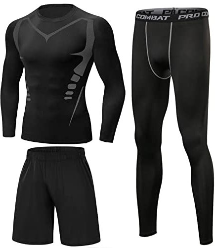 Terecey Ensemble Compression Homme 3 Pièces Haut Manches Longues et Collant et Short Sport Respirant Séchage Rapide Idéal Fitness Course et Entraînement