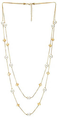 COOLSTEELANDBEYOND Oro Bianco Statement Dichiarazione Collana Due Filo Lunga Catena con Champagne Cristallo Perline Charms Pendente