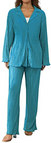 Bellezasourire Zweiteiler Damen Sommer Plissee Set Elegant Hosenanzug Button Down Langarmshirt + High Waist Freizeithose Weite Hose Sommer Herbst Outfit Casual Loungewear Streetwear(S,Türkis)