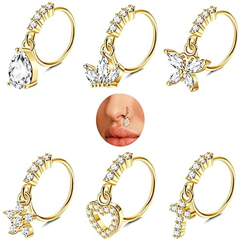 6 Stück Baumeln Nasenringe Hoops, Kucheed 20G Mond Schmetterling Stern Herz Tröpfchen Kreuz Ohrringe Nasenringe Baumeln,Knorpel Helix Ohrringe Nasenloch Septum Baumeln Nase Piercing Schmuck für Frauen